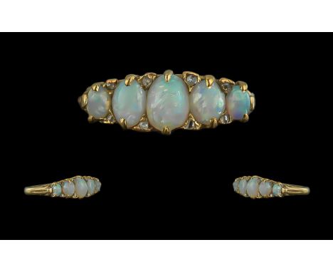 Antique Period - Attractive 18ct Gold 5 Stone Opal Set Ring, Gallery Setting. Not Marked but Tests High Ct Gold. The Five Gra