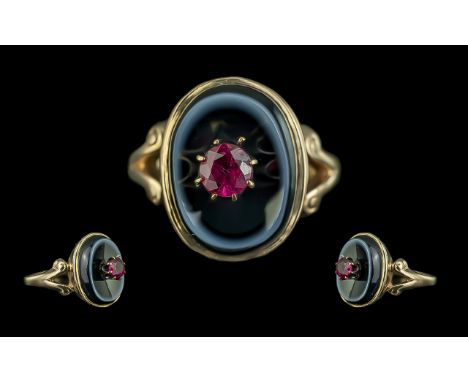 Antique Period 18ct Ruby on Black Enamel Mourning Ring. The Central Faceted Ruby of Good Colour. Ring Size L - M. Weight 3.3 