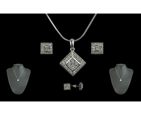 Ladies 14ct White Gold - Attractive Diamond Set Pendant. With Attractive 14ct White Gold Chain + A Matching Pair of 14ct Whit