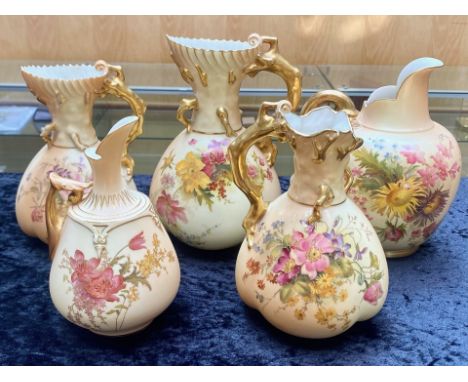 Collection of Royal Worcester Blush Ivory Jugs, five in total, tallest measures 9''.  All marked and numbered to base.