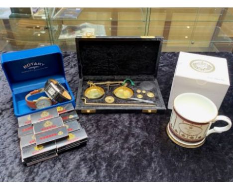 Mixed Lot of Collectibles, to include a cased set of pan scales, a 20+ Cunard Matchboxes, some with contents, two Rotary wris