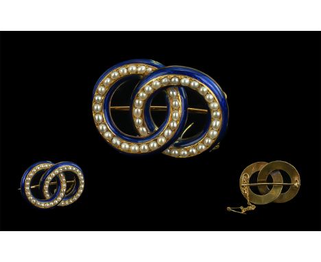 Georgian Exquisite and Pleasing 18ct Gold Bristol Blue Enamel and Pearl Double Loop Design Brooch with safety chain, not mark