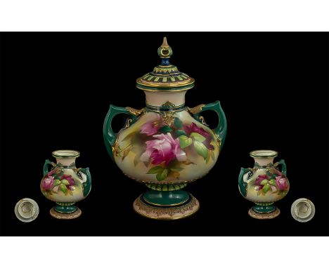 Royal Worcester Hand Painted Lidded Twin Handled Vase 'Still Life Roses', date 1909, shape no.121, 9.5 inches (23.75cms) high