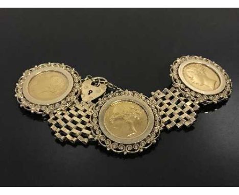 A 9ct gold gate bracelet, each panel inset with three full Young Head Victoria Sovereigns dated 1872, 1876 and 1878, gross 52
