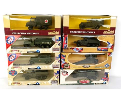 Solido military vehicles, No 6021, 4595/05, 6203, 4595/07, 6115, and three others, all boxed (box)