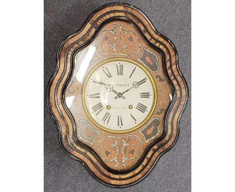A French wall clock, the enamel dial signed Julien Domalau, in a walnut mother of pearl inlaid case, 51 x 48 cm