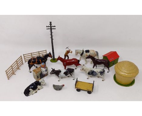 Assorted Britains painted farm animals, related items, two pond yachts, assorted vintage toys, and vintage model railway book