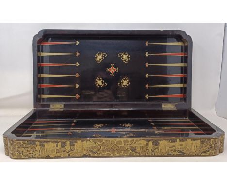 A Chinese black lacquered folding chess/backgammon board