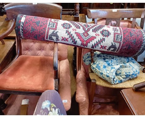 A Victorian button back armchair, a mahogany framed armchair, a set of four chairs, two armchairs and a rug (9)