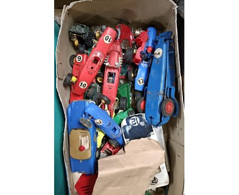A vintage play worn Scalextric, including cars (box)