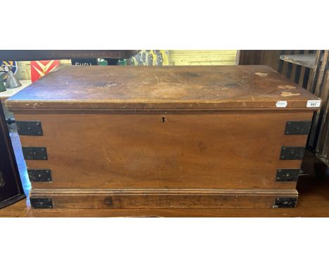 A painted pine trunk, with metal mounts and handles, 95 cm wide