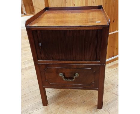 A 19th century mahogany night commode, 55 cm wide, and a mahogany fret framed mirror 84 x 48 cm (2)
