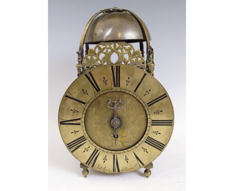 A 17th century style brass lantern clock, the 21 cm diameter dial signed Oba Body Battell (sic), fitted a later movementLacks