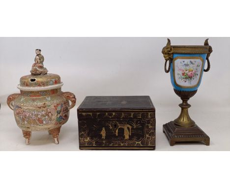 A Japanese cauldron, lid broken, a novelty shoehorn with horse head finial, a Chinese carved card box, decorated a landscape,