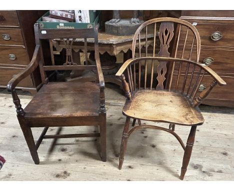 A late Victorian stick back kitchen armchair, and another armchair (2)