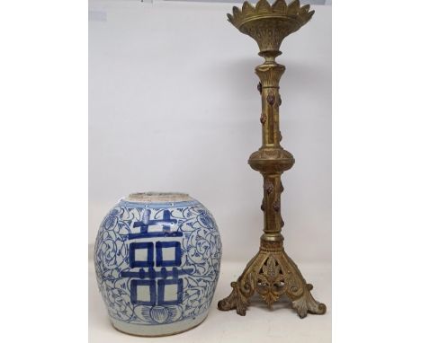 A Gothic style metal candlestick, 50 cm high, an Eastern bowl, a Chinese blue and white ginger jar, lacking cover, and other 