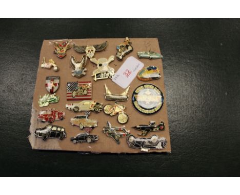 Various enamel badges, Harley Davidson etc