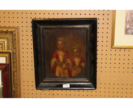 19th century Continental school portrait-oil- two sisters in red dresses