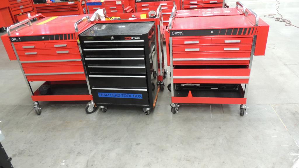 Sunex Lot (2) Sunex 5 drawer rolling tool boxes w/ contents, (1) Pro Steel 6 drawer rolling too