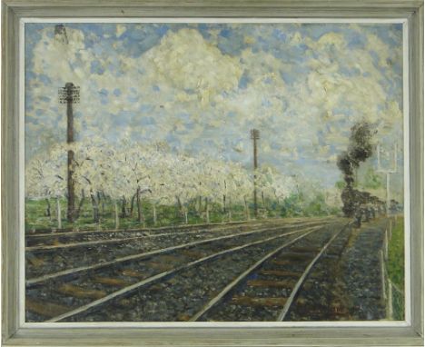 Alfred Goodman
oil on board, steam engine, signed and dated 1949, 18" x 23", framed.