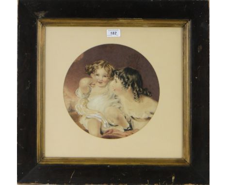 19th century watercolour, circular portrait of two young children, unsigned, 10.5" across, framed.