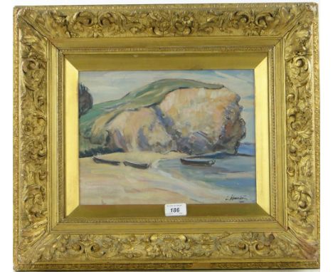Impressionist School
oil on panel, beached boats in a cove, indistinctly signed, 10" x 12.5", framed.