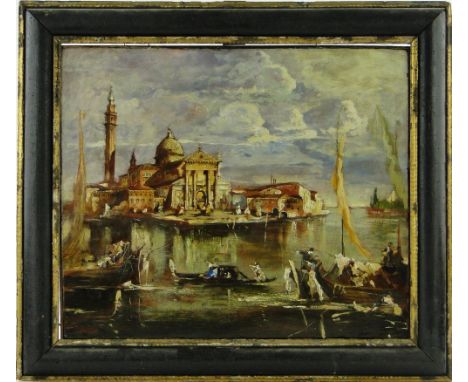 Manner of Canaletto
18th century oil on wood panel, a busy scene near the Customs House, Venice, unsigned, 19" x 23", framed.