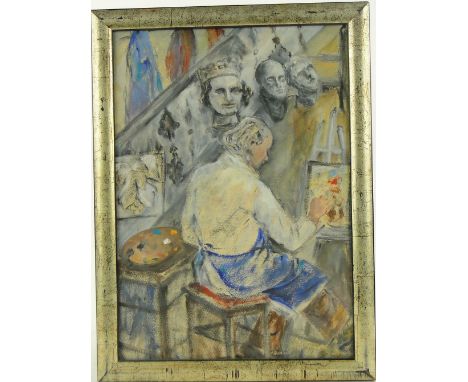 F Daubenton
watercolour, self portrait in the studio, signed verso, 18" x 12.5", framed.