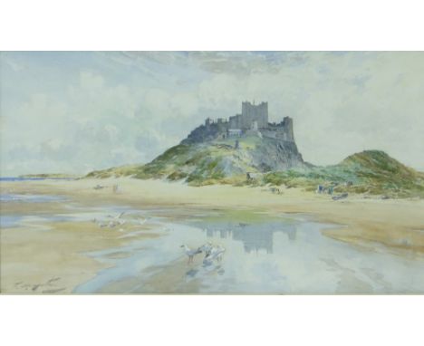 T S Hutton
watercolour, Bamborough Castle, signed, 12" x 21", framed.