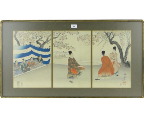 Chikanobu
a triptych of Japanese colour woodblock prints, an audience in gardens, with text inscriptions each panel 13.5" x 9