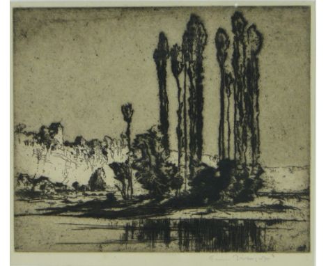 Sir Frank Brangwyn (1867-1956)
etching, river Lot, France, signed in pencil, p 8" x 9.5", framed.