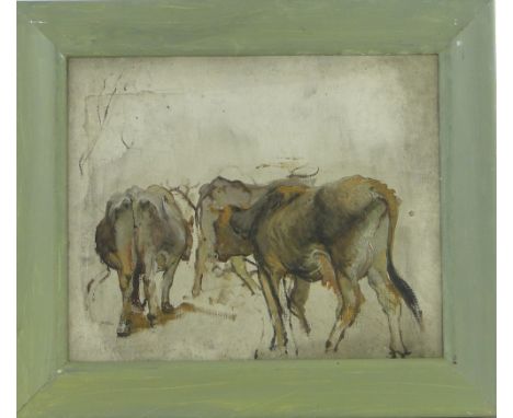 Attributed to Joseph Crawhall (1861-1913)
oil on board sketch, "Off To Pasture," inscribed verso, 12.5" x 15.5", framed.