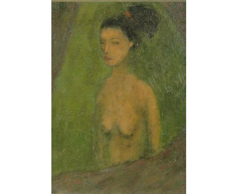 Oil on board, modernist style portrait of a girl, indistinctly signed, 21.5" x 15", framed.