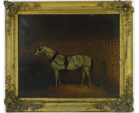 English School
19th century naive oil on canvas, portrait of a horse in harness with a dog in a stable, unsigned, 20" x 24", 