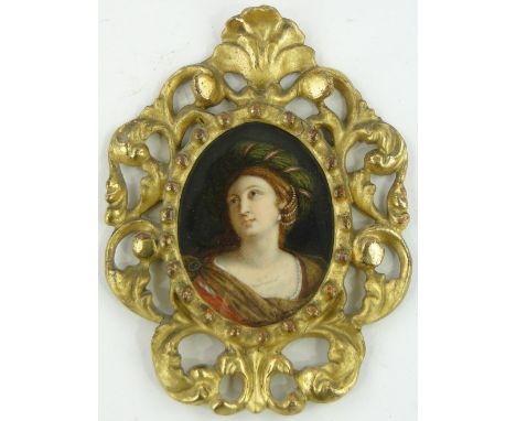 19th century miniature watercolour, classical portrait of a woman, unsigned, ornate carved gilt wood Florentine frame.