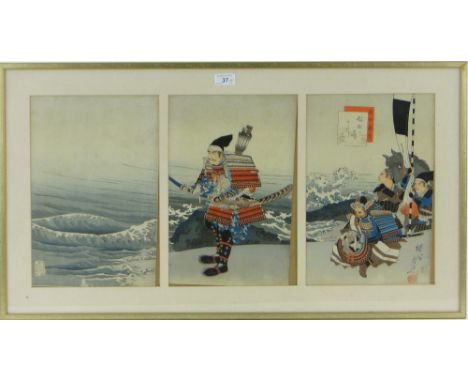 Japanese School
a triptych and a diptych of colour woodblock prints, Samurai Warriors, each panel 14" x 9", with text inscrip