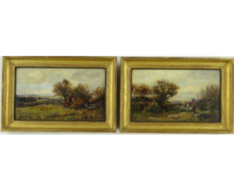 British School
early 20th century pair of oils on panels, hunting scenes, indistinctly signed, 5" x 8.5", framed.