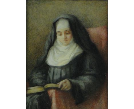 Miniature watercolour on ivorine, portrait of a nun, unsigned, 4.5" x 3.5", framed.