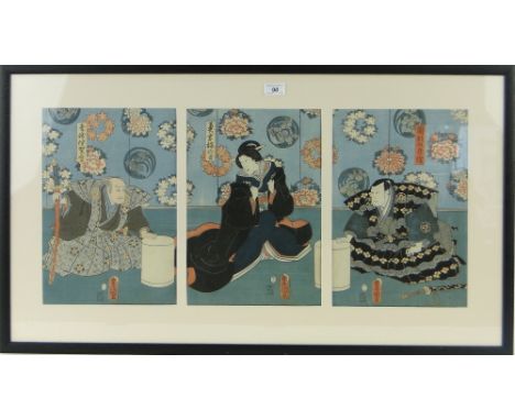 Kunisada
a triptych of colour woodblock prints, interior scene, each panel 14" x 9.5", mounted in common frame.