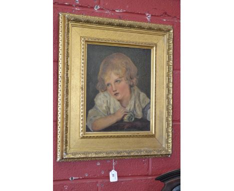 English School (Late 19th Century)
Portrait of a Young Girl, she looks wistfully holding an apple
oil on panel, 35cm x 31cm  