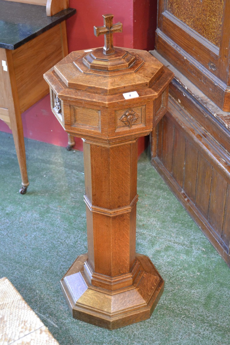 A light oak church font, previously in Spondon Methodist Church, Derbyshire