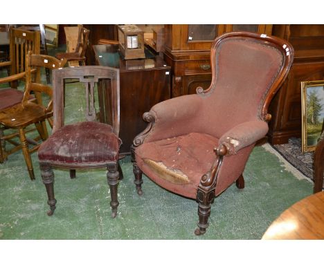 A Victorian mahogany gentleman' s armchair, scroll supports, turned legs, ceramic casters, c.1860; a Victorian mahogany dinin