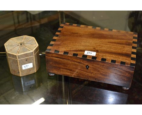  A George III mahogany rectangular work/writing box, crossbanded ebony chequered border, circa 1860; an ocatgonal tea caddy (