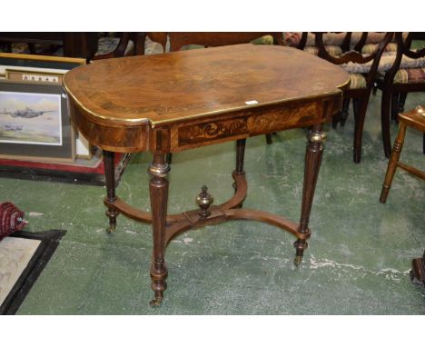 A Louis XVI Revival rosewood and marquetry bowed rectangular centre table, the brass mounted top with segmented veneers inlai