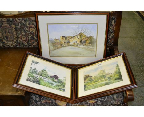 Malcolm Lane (20th century)
Farm Buildings and Barns, Watercolour, signed, 27cm x 37cm;   a pair of Wallace Spencer Prints, S