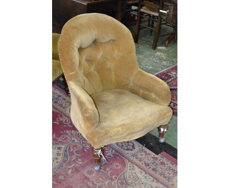 A Victorian button back arm chair, golden velvet upholstery, turned mahogany forelegs