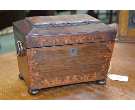 A William IV rosewood and marquetry sarcophagus tea caddy, gadrooned cornice, hinged cover lined to verso with velvet, two di