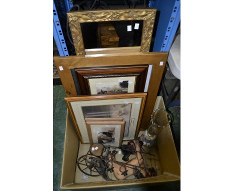 A reproduction 19th century style farmyard print, pine frame; other decorative prints; a gilt style wall mirror (7); a novelt