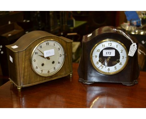 A Smiths bakelite marble clock c.1940`s ;  a Junghans unusual chime mantle clock ( 2 )