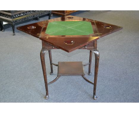 A Victorian mahogany square envelope card table, folding quatre-partite top enclosing an inset green baize lined playing surf